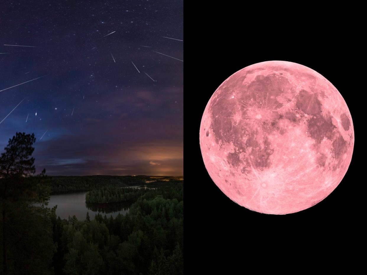 A side by side of a meteor shower over a river on the left, and a pink full moon against a black background on the right.