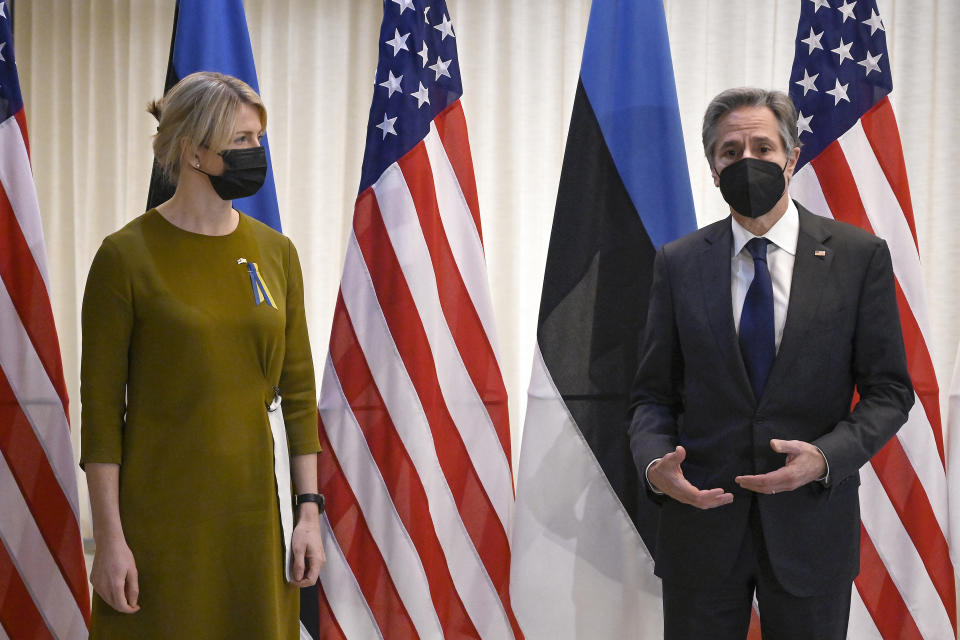 Estonian Foreign Minister Eva-Maria Liimets, left, and U.S. Secretary of State Antony Blinken pose for photographers on the occasion of their meeting, in Tallinn, Estonia, on Tuesday, March 8, 2022. Blinken was meeting with senior Estonian officials in Tallinn on Tuesday, a day after hearing appeals from both Lithuania and Latvia for more support and greater U.S. and NATO troop presence to deter a feared Russian intervention. (Olivier Douliery/Pool Photo via AP)