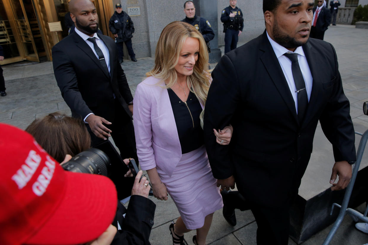 Daniels departs federal court in Manhattan in April 2018.