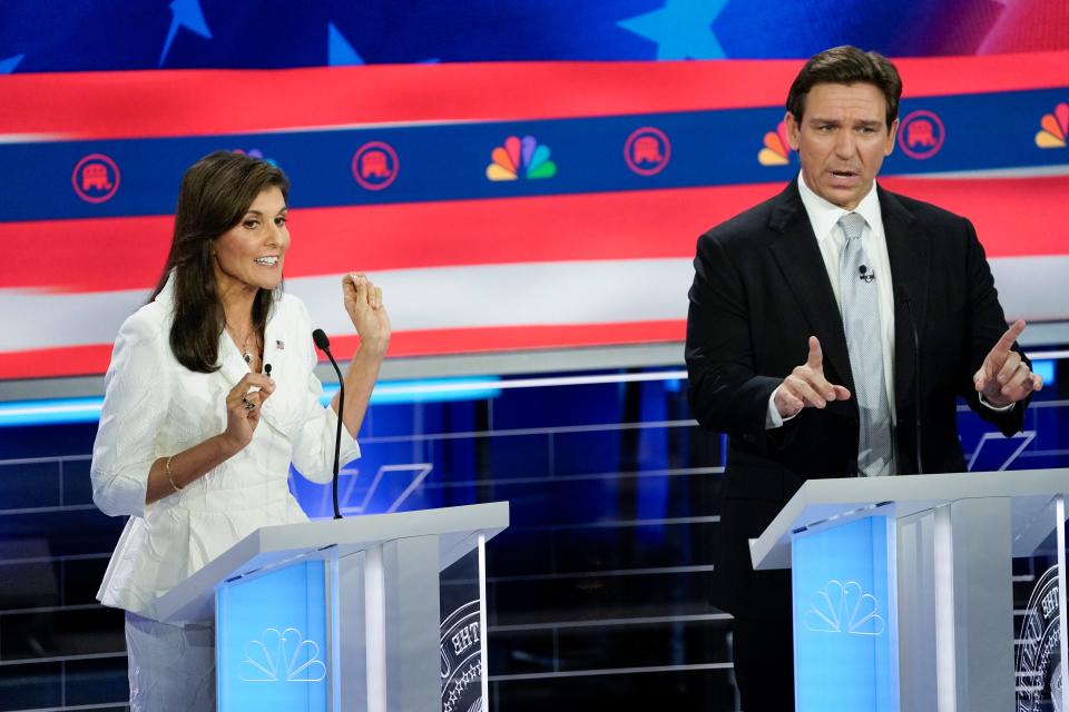 Former South Carolina Gov. Nikki Haley and Florida Gov. Ron DeSantis at the Republican presidential debate on Nov. 8, 2023, in Miami.