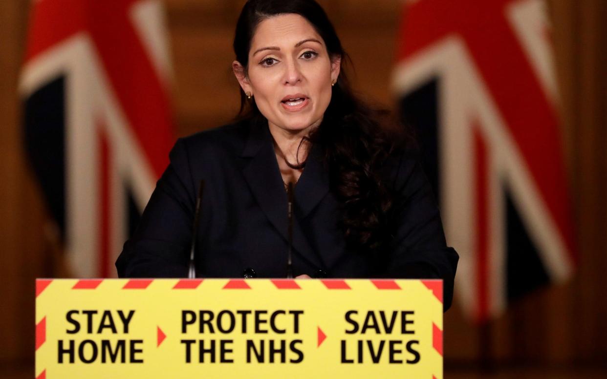 Home Secretary Priti Patel speaks during a news conference about the ongoing situation with the coronavirus disease - Matt Dunham/Pool/Reuters