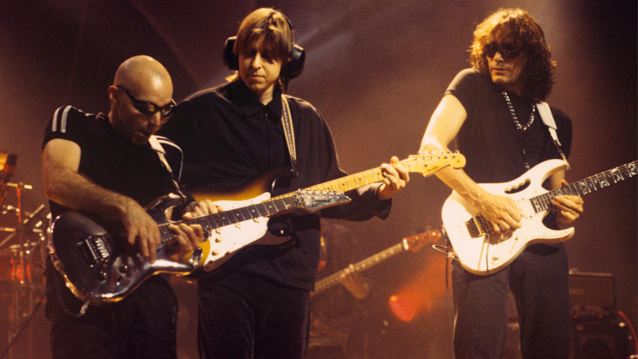  (L-R) Joe Satriani, Eric Johnson and Steve Vai perform at the Beacon Theatre in New York City on October 25, 1996. 