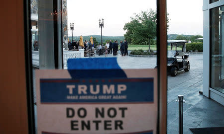 FILE PHOTO - A sign blocks the way to an outdoor reception before Donald Trump's U.S. Republican presidential event at the Trump National Golf Club Westchester in Briarcliff Manor, New York, U.S. on June 7, 2016. REUTERS/Mike Segar/File Photo