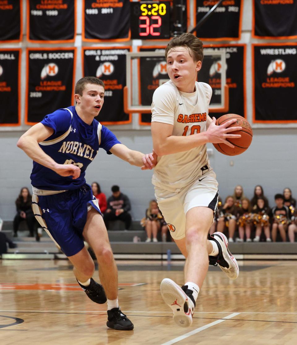 Middleboro's Jacob Briggs dribbles past Norwell's Jackson Adams during a game on Friday, Feb. 3, 2023.