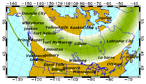 A map from University of Alaska's Geophysical Institute shows were above the Earth the northern lights will be on July 13. / Credit: University of Alaska's Geophysical Institute