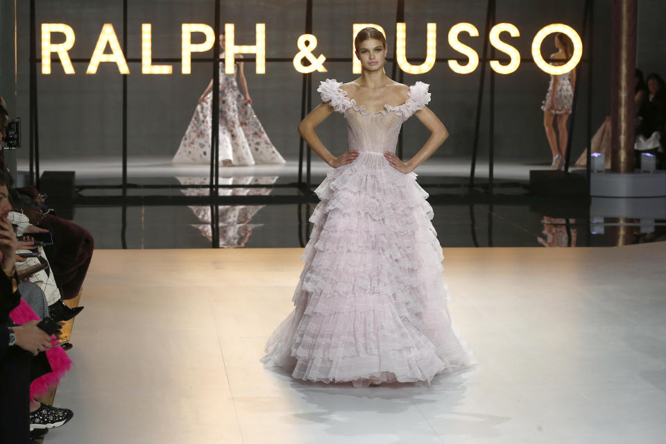 A model wears a creation for the Ralph & Russo Spring/Summer 2019 Haute Couture fashion collection presented in Paris, Monday Jan. 21, 2019. (AP Photo/Michel Euler)