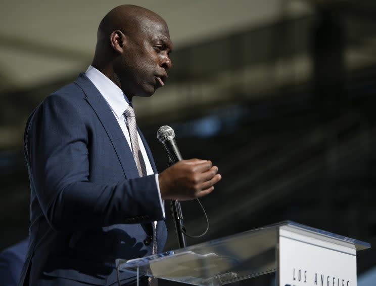 New Chargers head coach Anthony Lynn speaks to the media Tuesday at his introductory press conference. (AP)