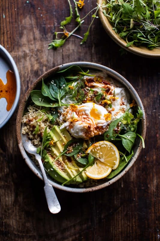 <p>Half Baked Harvest</p><p>Poached eggs, quinoa, sundried-tomato pesto and herbed yogurt make for a delicious, protein-packed breakfast.</p><p><strong>Get the recipe: <a href="https://www.halfbakedharvest.com/turkish-egg-and-quinoa-breakfast-bowl/" rel="nofollow noopener" target="_blank" data-ylk="slk:Turkish Egg and Quinoa Breakfast Bowl;elm:context_link;itc:0;sec:content-canvas" class="link ">Turkish Egg and Quinoa Breakfast Bowl</a></strong></p>