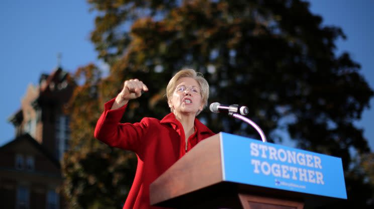 U.S. Senator Elizabeth Warren (D-MA) speaks during a campaign rally for Democratic U.S. presidential nominee Hillary Clinton at Alumni Hall Courtyard, Saint Anselm College in Manchester, New Hampshire U.S., October 24, 2016. (Photo: Carlos Barria/Reuters)