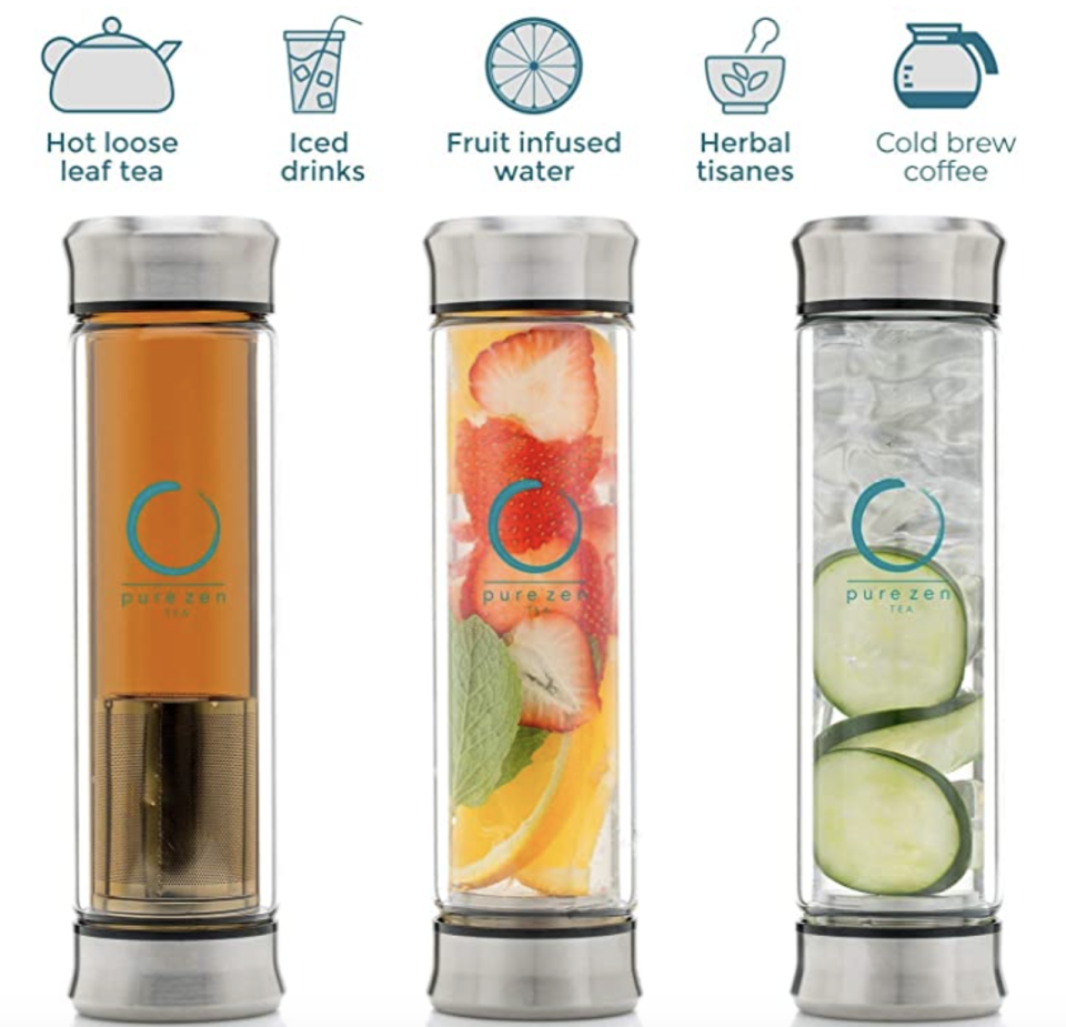 PHOTO: Amazon. Tea Tumbler with Infuser, BPA Free Double Wall Glass, Stainless Steel Filter