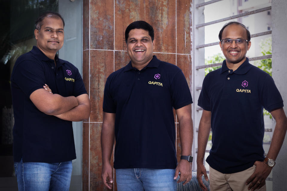 A group photo of Qapita's co-founders. From left to right: Vamsee Mohan, Ravi Ravulaparthi and Lakshman Gupta