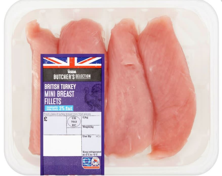 Asda Butcher's Selection turkey fillets was £3.50 for 573g now £4.50 for 500g (Images: MySupermarket)