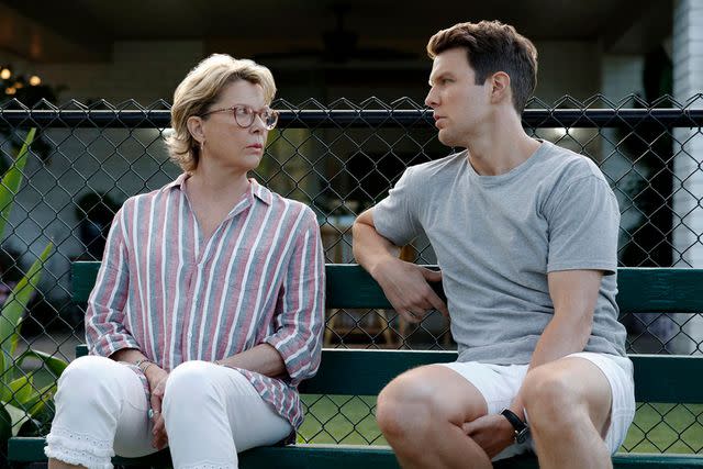 <p>Vince Valitutti/PEACOCK</p> Annette Bening (left) and Jake Lacy in 'Apples Never Fall'