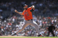 Houston Astros pitcher Justin Verlander throws against the Detroit Tigers in the third inning of a baseball game, Sunday, May 12, 2024, in Detroit. (AP Photo/Paul Sancya)