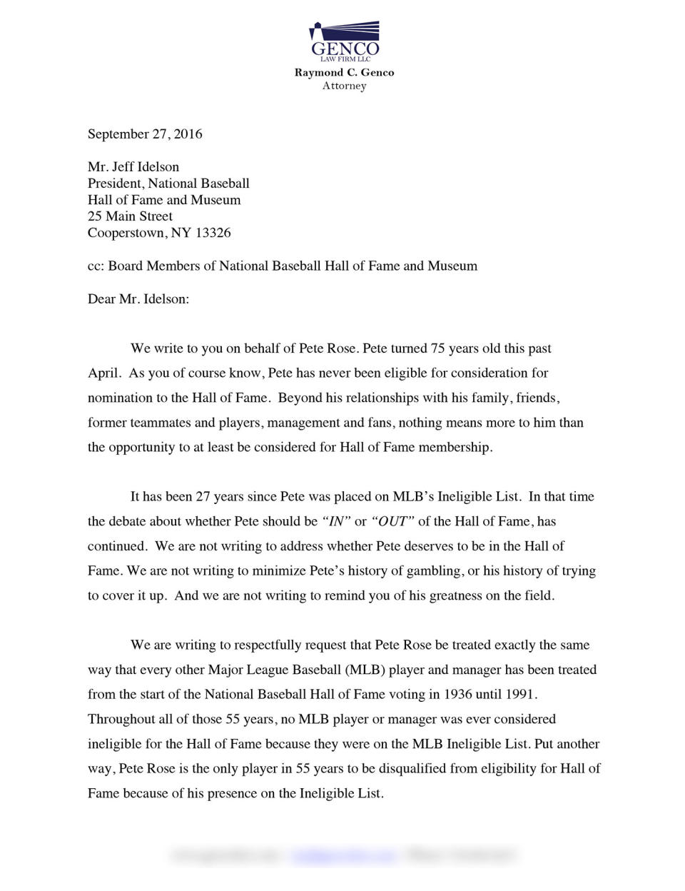 Pete Rose's letter from his attorneys. (Special to Yahoo Sports)