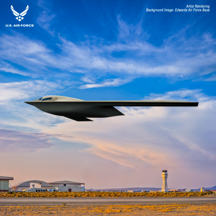 In July 2021, U.S. Air Force officials released this artist's rendering depicting a B-21 Raider stealth bomber flying over Edwards Air Force Base in California.