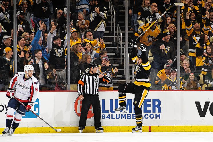 <p><em>Evgeni Malkin scored a hat trick in the second period as the Pittsburgh Penguins beat the Washington Capitals 8-7 in a back-and-forth overtime game on Monday, Jan. 16, 2017, in Pittsburgh. (Getty Images)</em></p>