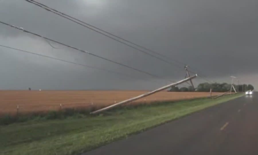 Downed power poles near Drummond, Oklahoma.