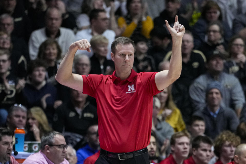 Nebraska head coach Fred Hoiberg gestures on the sideline during the first half of an NCAA college basketball game against Purdue in West Lafayette, Ind., Friday, Jan. 13, 2023. (AP Photo/Michael Conroy)