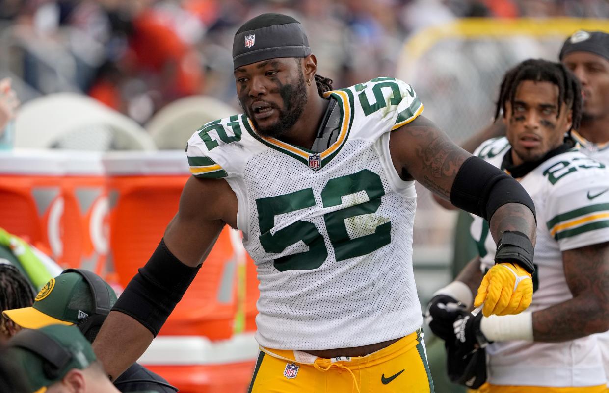 Green Bay Packers linebacker Rashan Gary congratulates teammates during a victory in the opener.