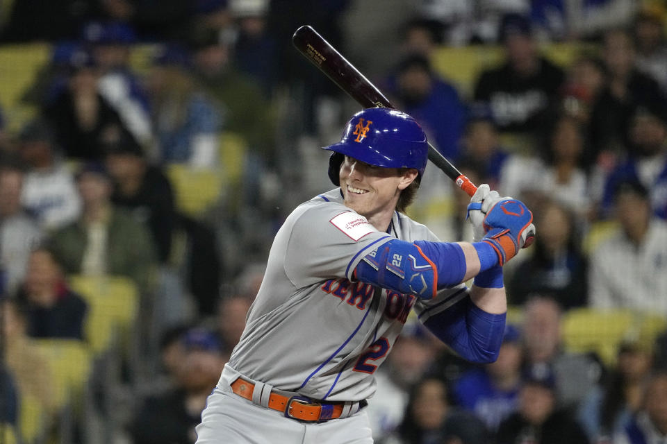 New York Mets' Brett Baty bats during the second inning of a baseball game against the Los Angeles Dodgers Monday, April 17, 2023, in Los Angeles. (AP Photo/Mark J. Terrill)