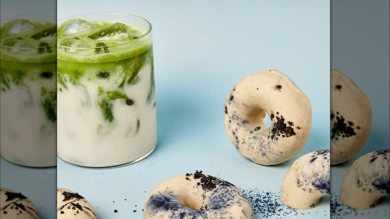 Matcha drink and doughnuts