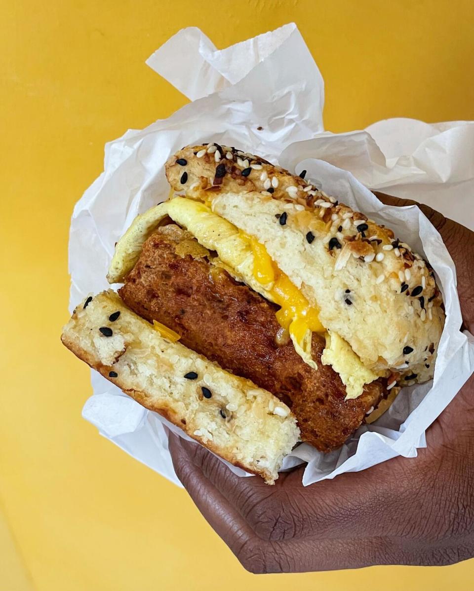 A breakfast sandwich of eggs, cheese and chicken sausage at Auntie Beulah's.
