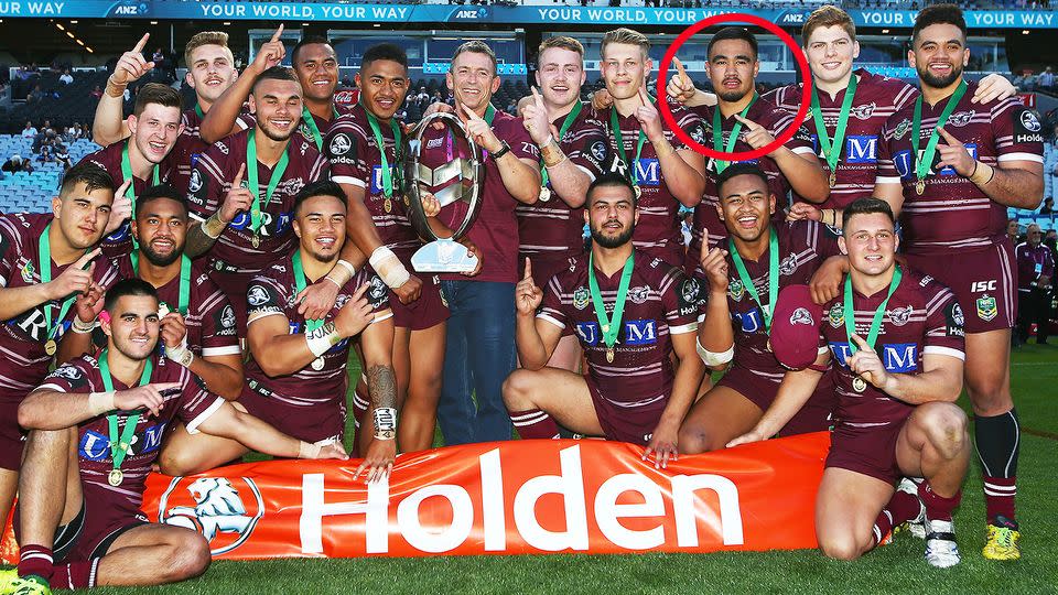 Keith Titmuss is seen here with Manly's 2017 Holden Cup premiership-winning squad.