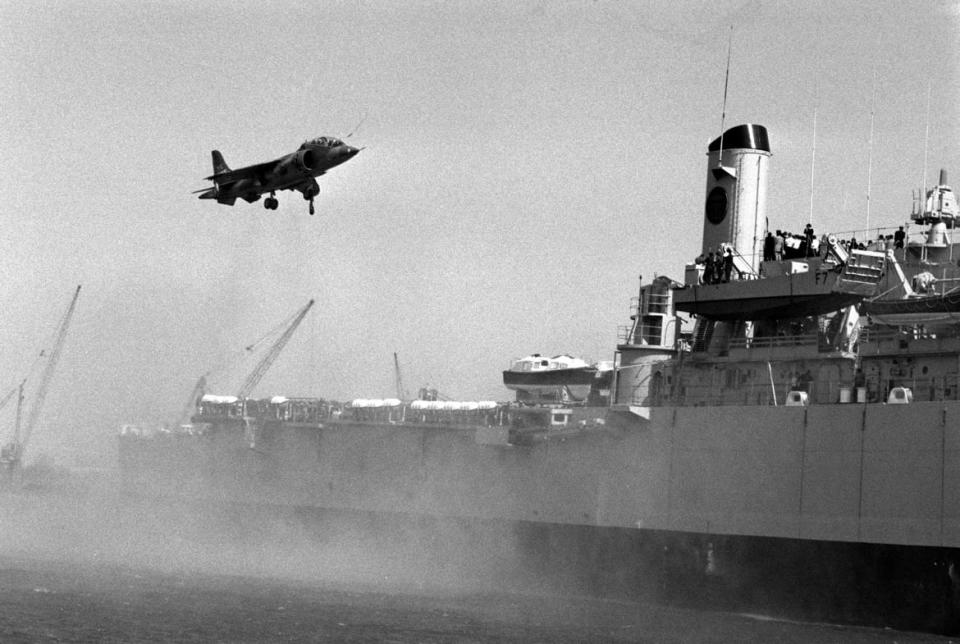 <div class="inline-image__title">830871930</div> <div class="inline-image__caption"><p>A Harrier coming in to land on the HMS Fearless at Greenwich.</p></div> <div class="inline-image__credit">PA Images via Getty Images</div>