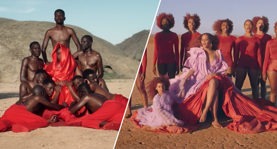 Critics are comparing Beyoncé's newest music videos to that of a South African musician's. On the left, is an image from Petite Noir's 2018 video and on the right, a still from Beyoncé's new Lion King video.