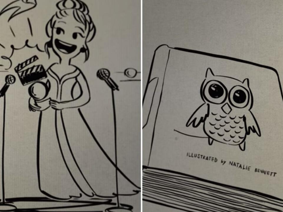 illustration of natalie accepting a film award next to an illustration of a book natalie illustrated in look both ways credits