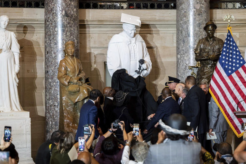 Statue unveiling at a Statue Dedication Ceremony for a statue of Dr. Mary McLeod Bethune in Statuary Hall at the U.S. Capitol. 