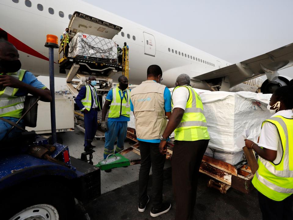 <p>Covid vaccines distributed by Covax arrive at  Kotoka International Airport, Accra</p> (AP)