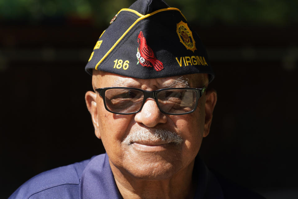 Army veteran Willie Ransom poses at the American Legion Lodge named after his son, Air Force Major Charles Ransom in Midlothian, Va., Thursday, May 27, 2021. The younger Ransom was among eight U.S. Airmen killed when an Afghan military pilot opened fire at the Kabul airport in 2011. (AP Photo/Steve Helber)