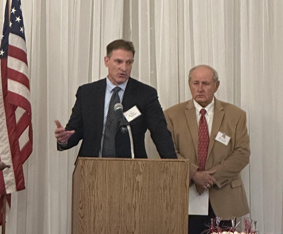 The Harding Day Dinner provided an opportunity for Republican candidates to talk about their campaigns, including Marion County Common Pleas Court candidate Todd Anderson, seen here with Ken Stiverson, chairman of the Marion County Republican Party. (PROVIDED BY MARK DAVIS)