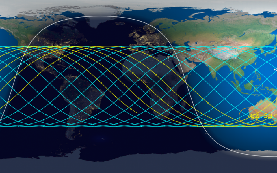 The reentry prediction for the Long March 5B rocket body from the Center for Orbital and Reentry Debris Studies. Note: The ground traces shown in the above image extend the full uncertainty window.