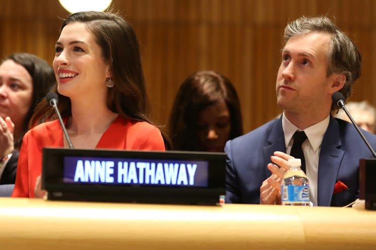 Hathaway was accompanied by her husband, Adam Shulman. (Photo: Monica Schipper/WireImage)