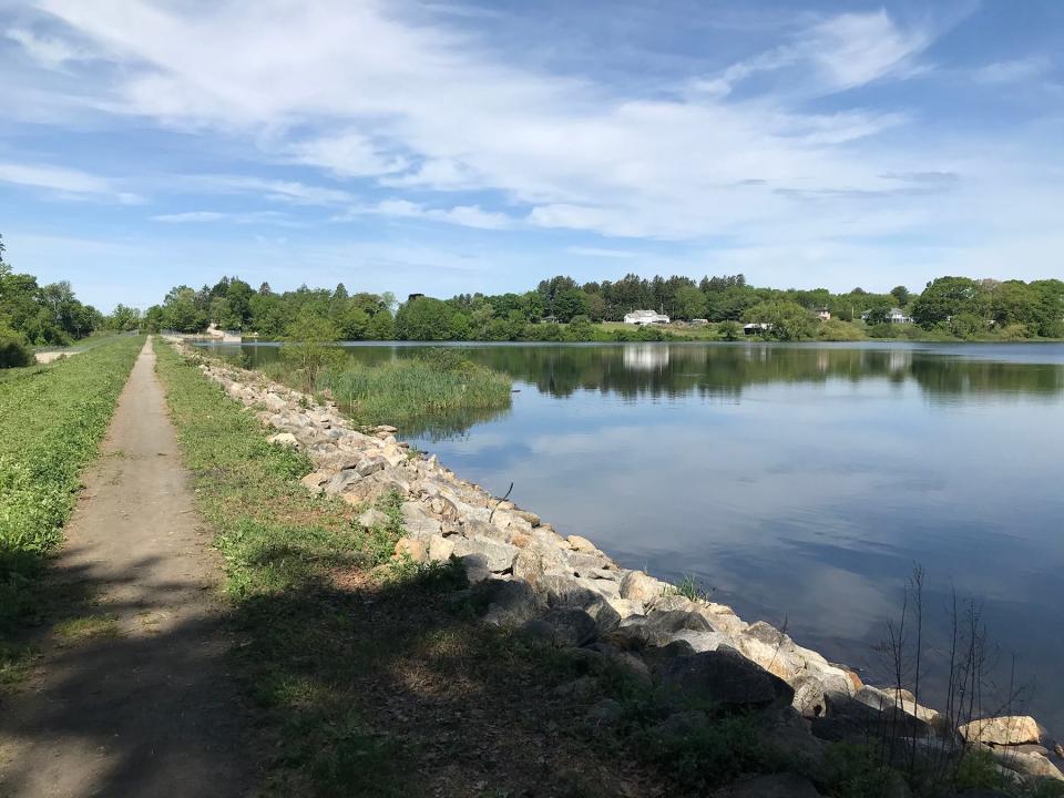 The view from the eastern end of the dike, looking west across the Upper Curran Reservoir.