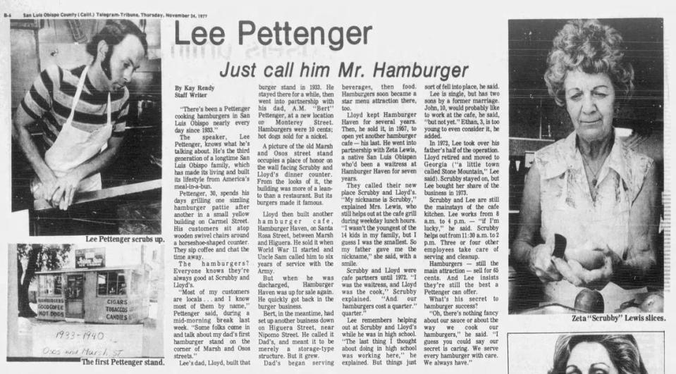 Lee Pettenger, profiled in this Nov. 24, 1977, Telegram-Tribune newspaper article, took over Scrubby and Lloyd’s restaurant in downtown San Luis Obispo from his father, Lloyd Pettenger, in 1972. Co-founder Zada “Scrubby” Lewis, also pictured, continued to work at the restaurant for years.
