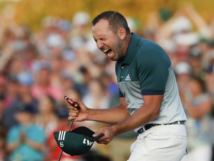 Sergio Garcia celebrates after winning the 2017 Masters. (AP)