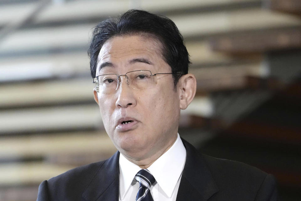 Japan’s Prime Minister Fumio Kishida speaks to reporters about a notification by North Korea, at his office in Tokyo Monday, May 29, 2023. North Korea has notified neighboring Japan that it plans to launch a satellite in coming days, which may be an attempt to put Pyongyang's first military reconnaissance satellite into orbit. (Kyodo News via AP)