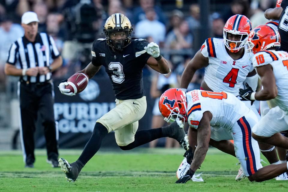 Purdue running back Tyrone Tracy Jr. (3) runs against Illinois during the second half of an NCAA college football game in West Lafayette, Ind., Saturday, Sept. 30, 2023. (AP Photo/Michael Conroy)