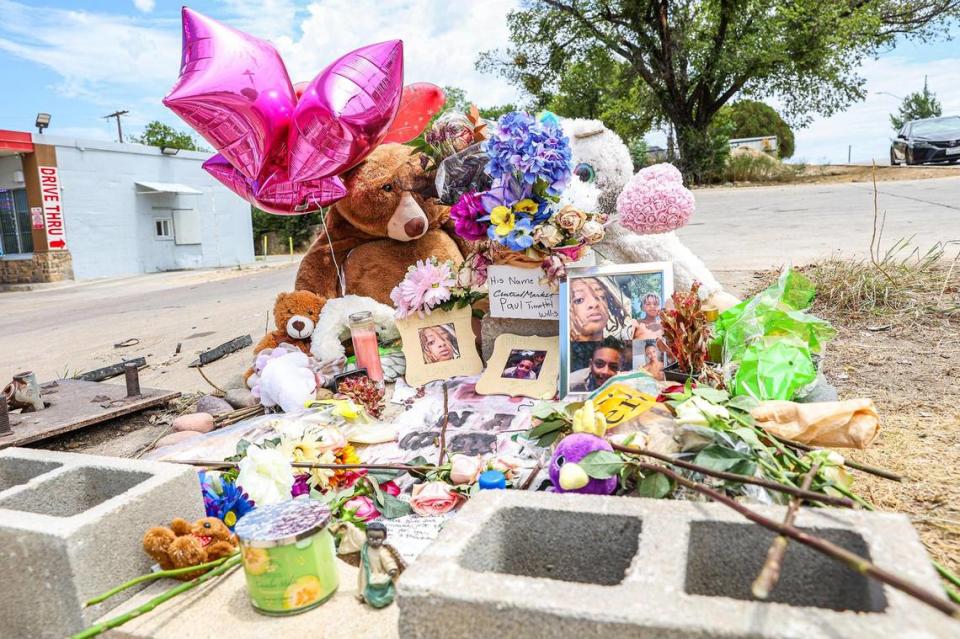 A memorial for Paul Willis, 18, who was a victim of a mass shooting on the night before the Fourth of July, is placed down the street from the site where a torn-down carwash once stood at the intersection of Horne Street and Diaz Avenue in the Como neighborhood of Fort Worth on Tuesday, July 11, 2023. The mass shooting that claimed the lives of three young people, including Willis, occurred near the property, which caused problems in the community before it was demolished in 2021.