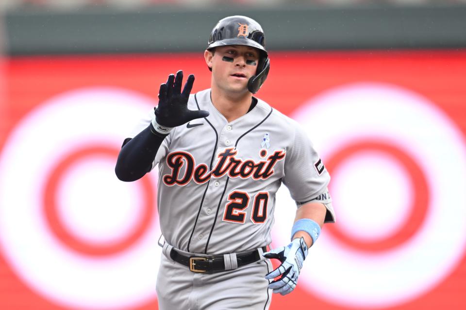 Detroit Tigers first baseman Spencer Torkelson (20) reacts after hitting a two-run home run during the fifth inning against the Minnesota Twins at Target Field in Minneapolis on Sunday, June 18, 2023.