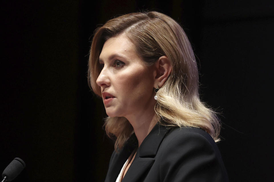 Olena Zelenska, the first lady of Ukraine, addresses members of Congress on Capitol Hill in Washington, Wednesday, July 20, 2022. (Michael Reynolds/Pool Photo via AP)