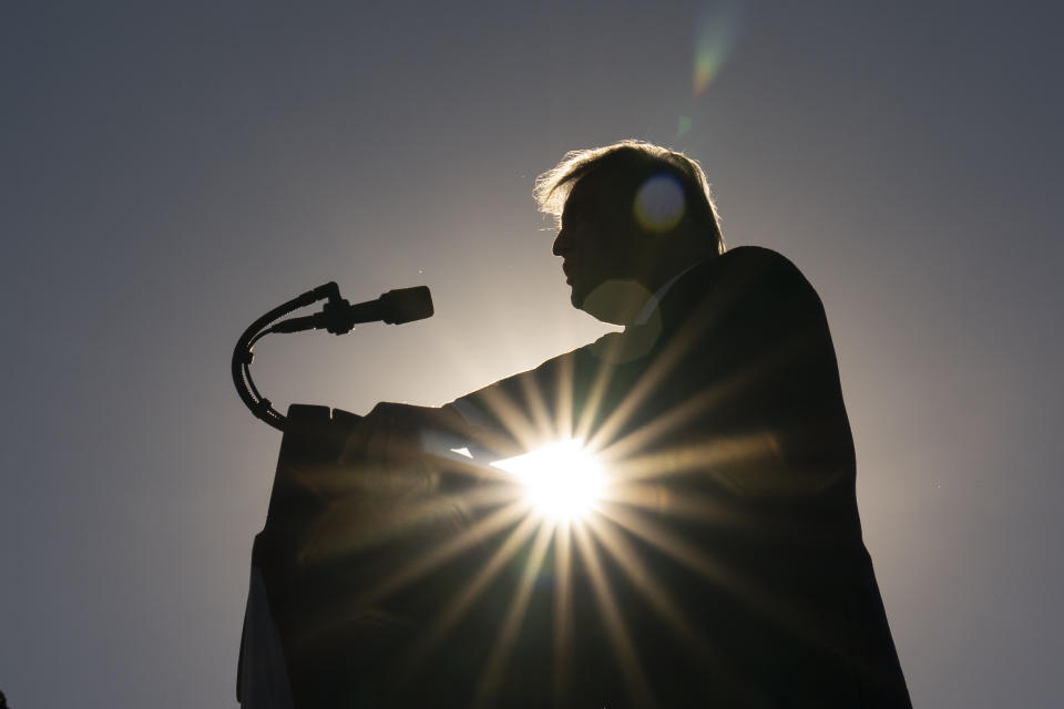 President Donald Trump speaks at a campaign rally at Carson City Airport, Sunday, Oct. 18, 2020, in Carson City, Nev. (AP Photo/Alex Brandon8