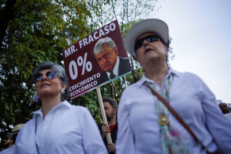 A demonstrator holds up a sign during a march to protest against violence on the first anniversary of President Andres Manuel Lopez Obrador taking office, in Mexico City