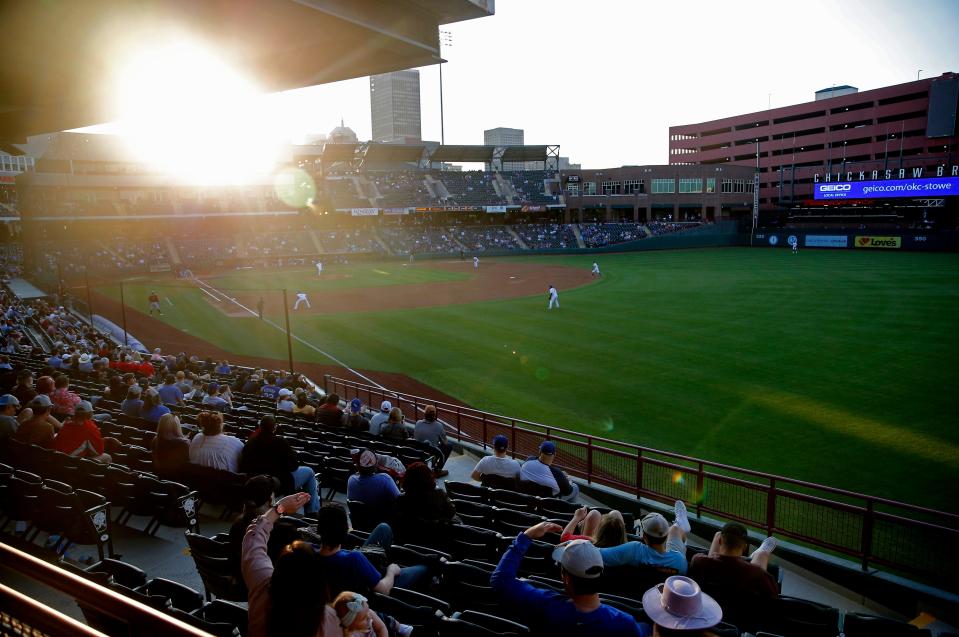 Fans watch the OKC Dodgers face the Sacramento River Cats in 2021. Twenty-five years ago Sunday, Bricktown Ballpark opened in Oklahoma City. It was the first completion of the Metropolitan Area Projects Plans, MAPS.