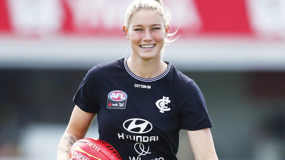 Tayla Harris, pictured here before Carlton's clash with Fremantle.