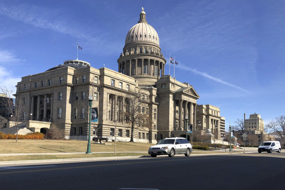 This Wednesday, March 4, 2020, photo shows the Idaho Statehouse in Boise, Idaho. Idaho's presidential primary on Tuesday could give an indication of the political leanings of all the newcomers to the state. The deeply conservative state last year was the fastest-growing in the nation, increasing by 2.1% with nearly 37,000 new residents and approaching 1.8 million. In the last decade, according to the U.S. Census Bureau, Idaho has seen a population jump of more than 200,000. (AP Photo/Keith Ridler)